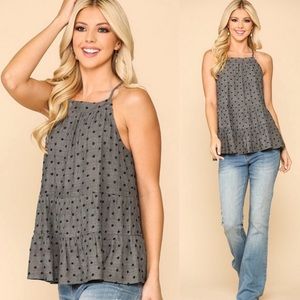 Fun Flowy agree and black polka doted Top